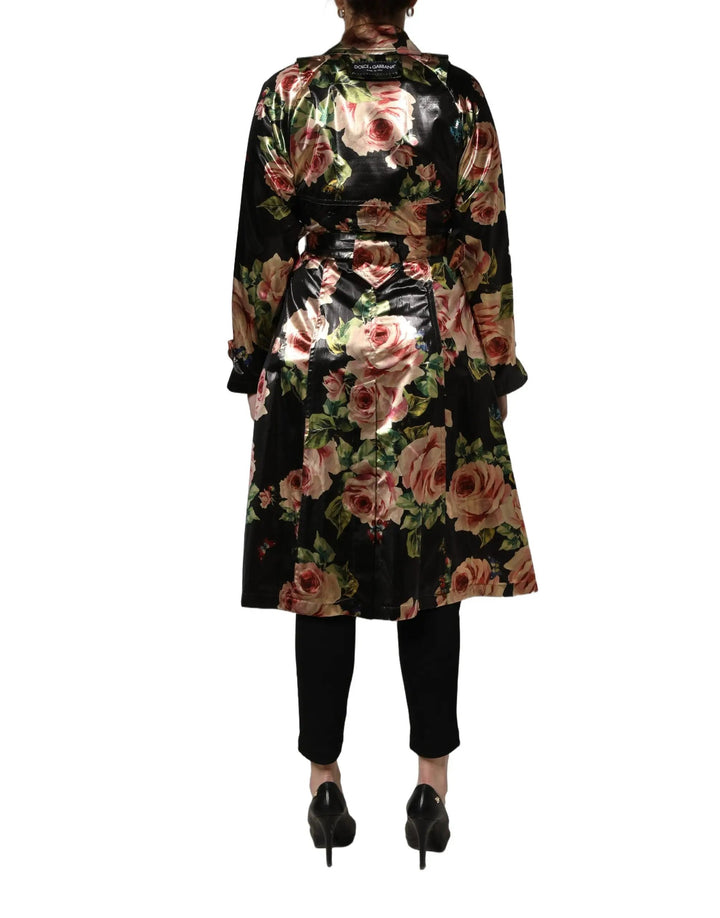 Dolce &amp; Gabbana Sample Sale | Dolce &amp; Gabbana Black Floral Belted Polyester Trench Coat Jacket - | Designer outlet