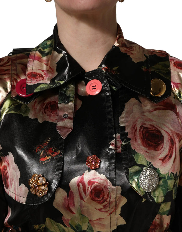 Dolce &amp; Gabbana Sample Sale | Dolce &amp; Gabbana Black Floral Belted Polyester Trench Coat Jacket - | Designer outlet