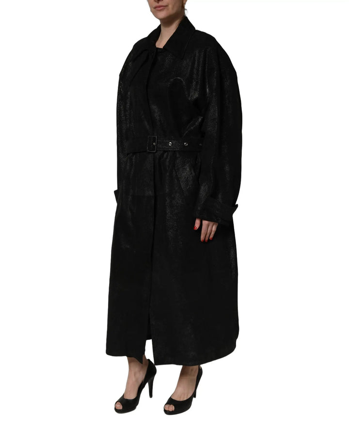Dolce &amp; Gabbana Sample Sale | Dolce &amp; Gabbana Black Belted Sheepskin Trench Coat Jacket - | Designer outlet