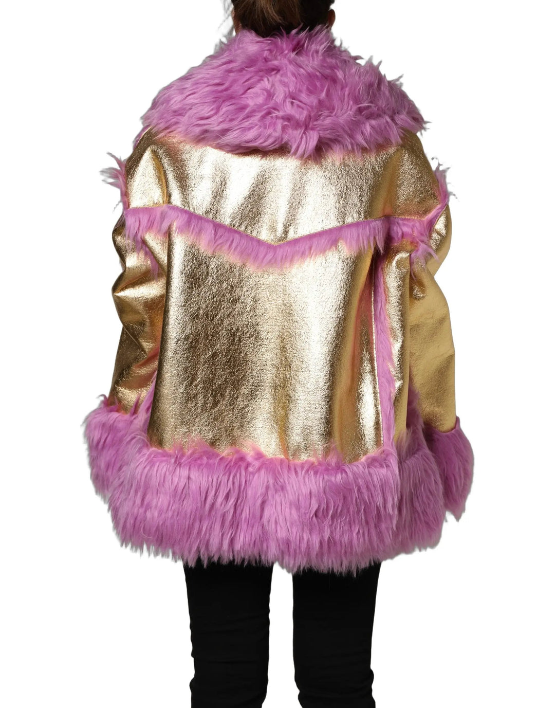 Dolce &amp; Gabbana Sample Sale | Dolce &amp; Gabbana Pink Plush Faux Fur Gold Leather Coat Jacket - | Designer outlet