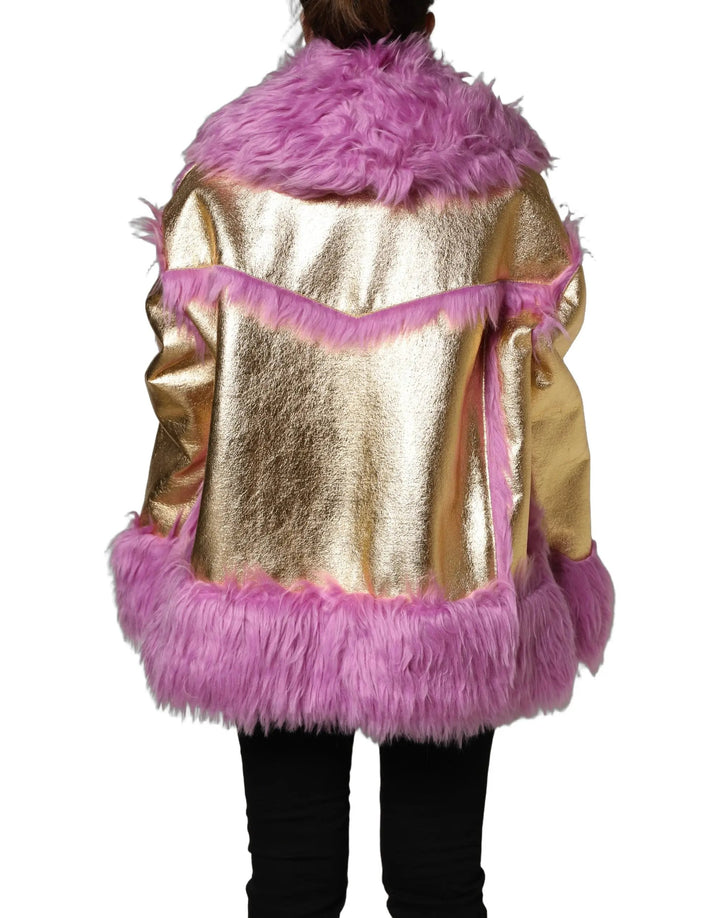Dolce &amp; Gabbana Sample Sale | Dolce &amp; Gabbana Pink Plush Faux Fur Gold Leather Coat Jacket - | Designer outlet