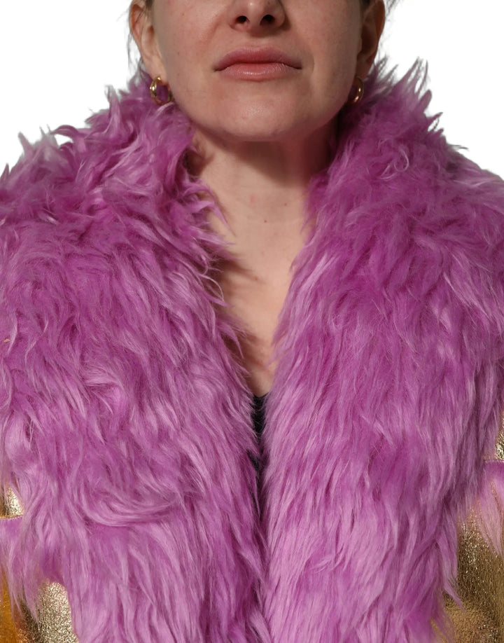 Dolce &amp; Gabbana Sample Sale | Dolce &amp; Gabbana Pink Plush Faux Fur Gold Leather Coat Jacket - | Designer outlet