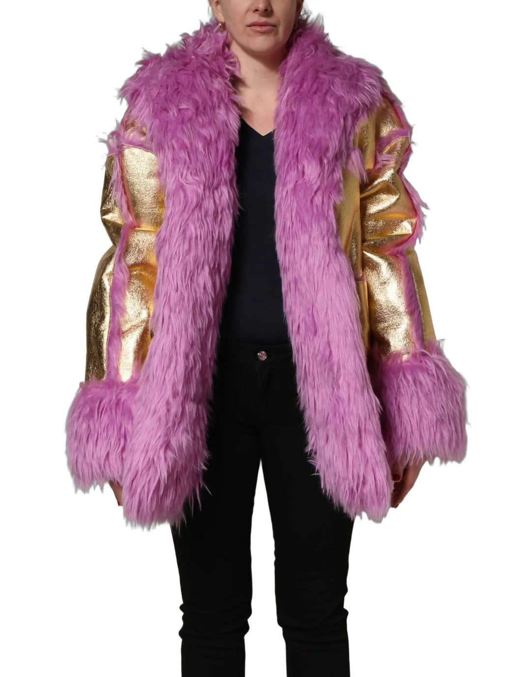Dolce &amp; Gabbana Sample Sale | Dolce &amp; Gabbana Pink Plush Faux Fur Gold Leather Coat Jacket - | Designer outlet