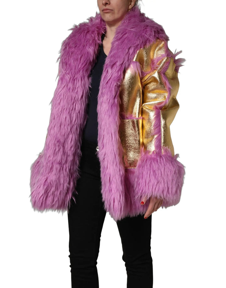 Dolce &amp; Gabbana Sample Sale | Dolce &amp; Gabbana Pink Plush Faux Fur Gold Leather Coat Jacket - | Designer outlet