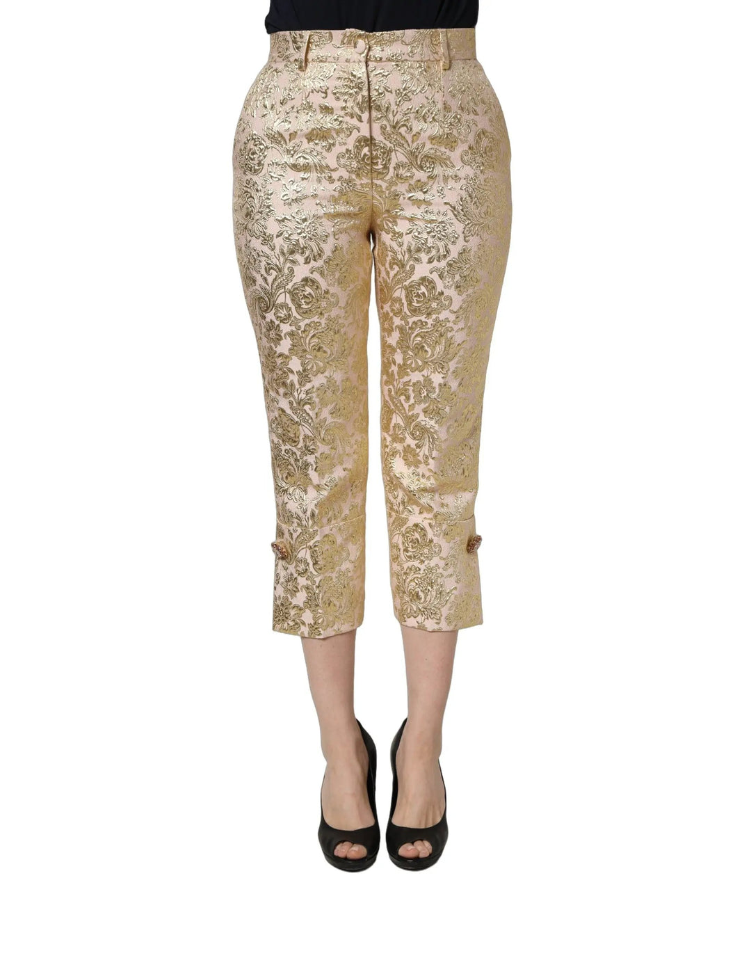 Dolce &amp; Gabbana Sample Sale | Dolce &amp; Gabbana Gold Jacquard Floral Lamé Crop Trouser Pants - | Designer outlet