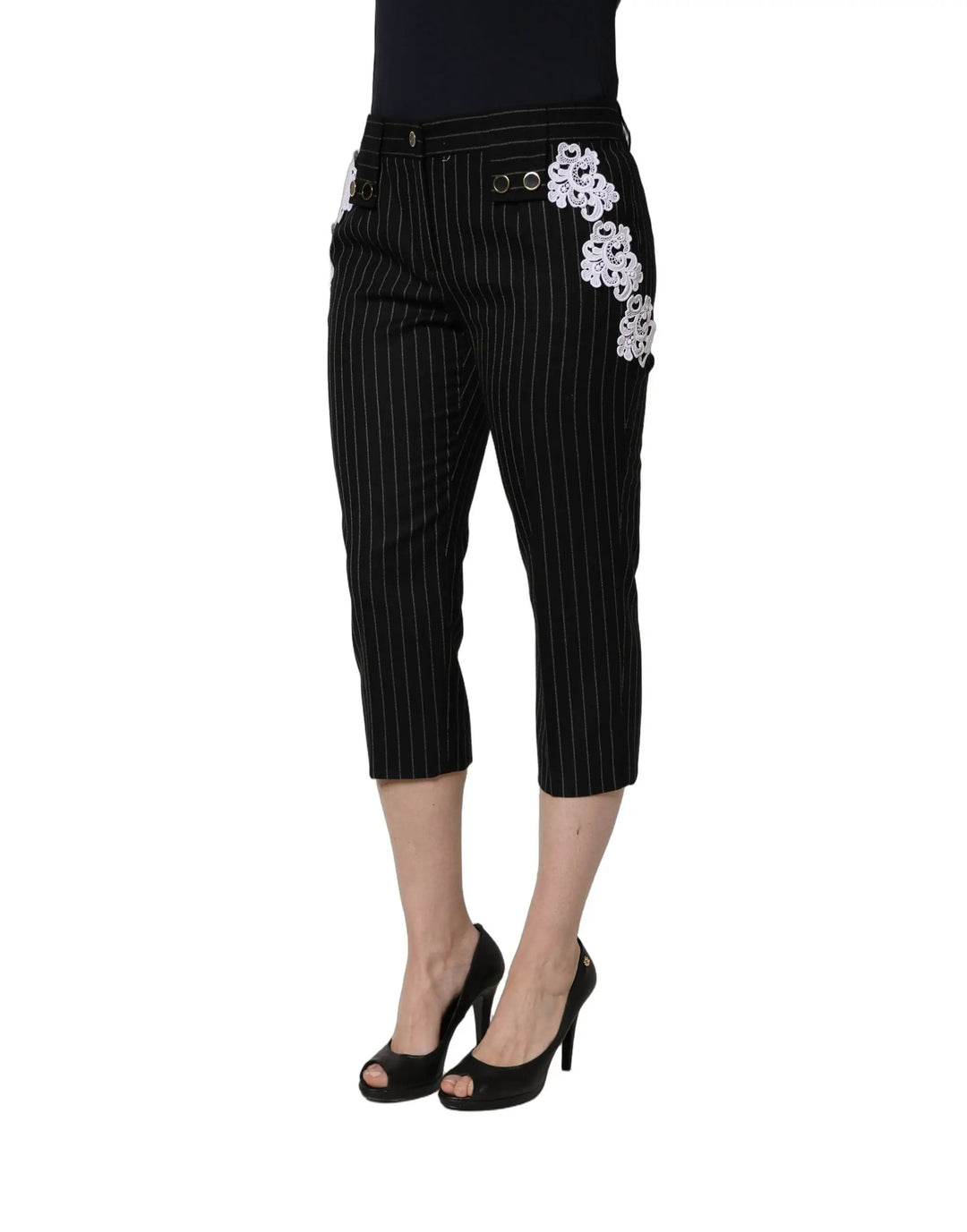 Dolce &amp; Gabbana Sample Sale | Dolce &amp; Gabbana Black Lace Applique Pinstripe Cropped Pants - | Designer outlet