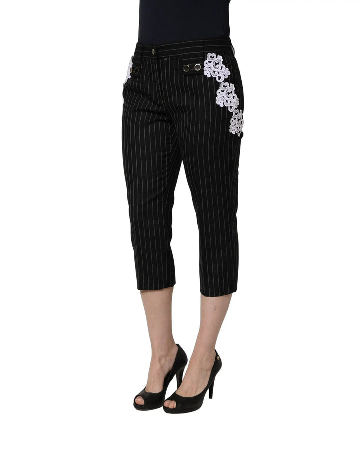 Dolce &amp; Gabbana Sample Sale | Dolce &amp; Gabbana Black Lace Applique Pinstripe Cropped Pants - | Designer outlet