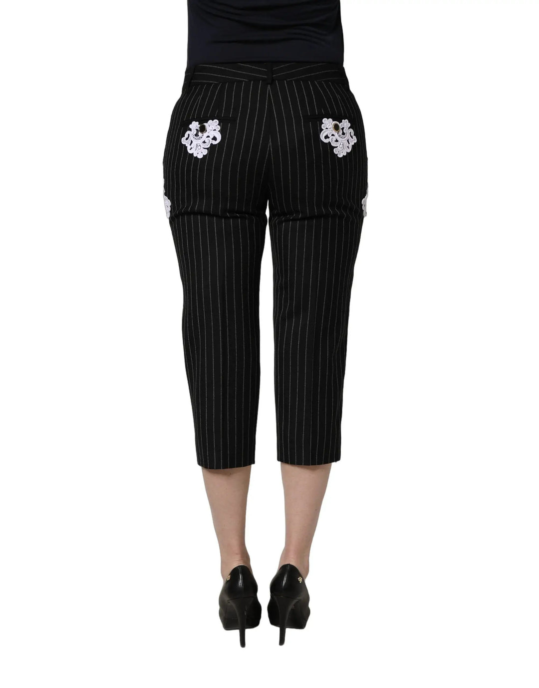 Dolce &amp; Gabbana Sample Sale | Dolce &amp; Gabbana Black Lace Applique Pinstripe Cropped Pants - | Designer outlet