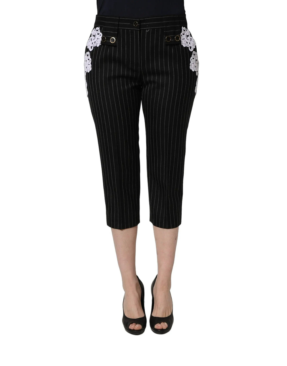 Dolce & Gabbana Sample Sale | Dolce & Gabbana Black Lace Applique Pinstripe Cropped Pants - | Designer outlet