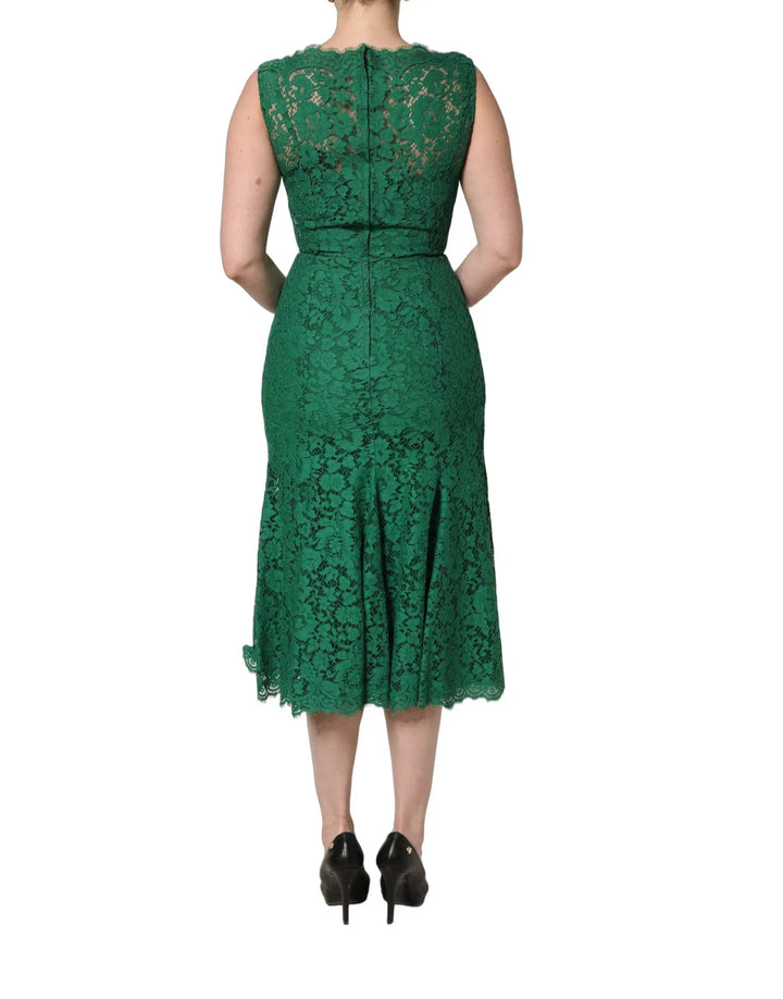 Dolce &amp; Gabbana Green Floral Lace Cotton Sleeveless Midi Dress