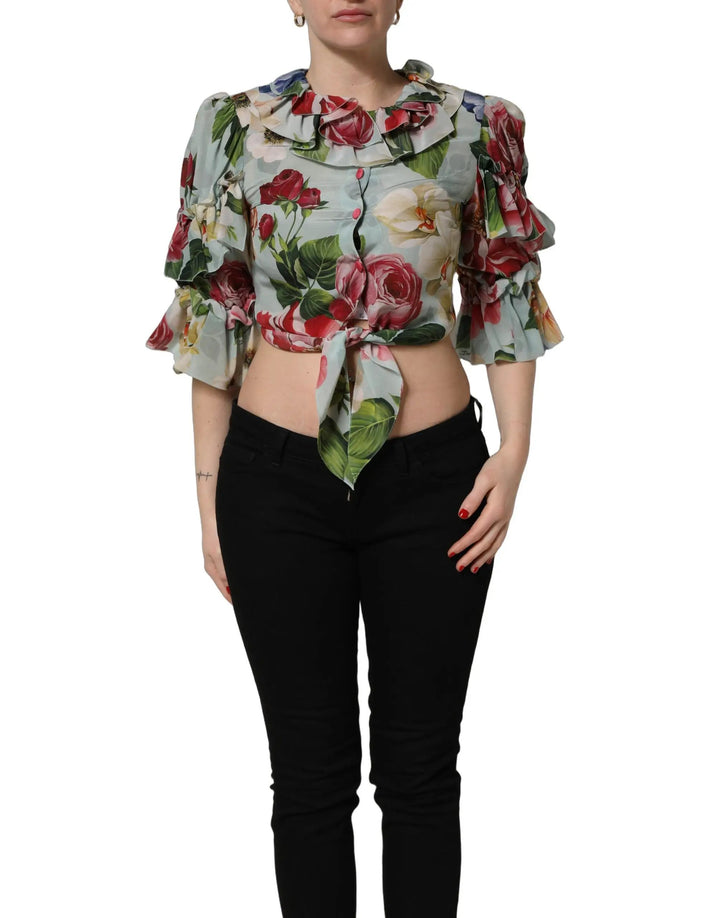 Dolce &amp; Gabbana Sample Sale | Dolce &amp; Gabbana Multicolor Floral Silk Cropped Shirt Top - | Designer outlet