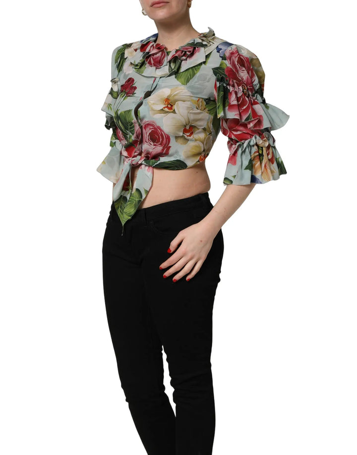 Dolce &amp; Gabbana Sample Sale | Dolce &amp; Gabbana Multicolor Floral Silk Cropped Shirt Top - | Designer outlet