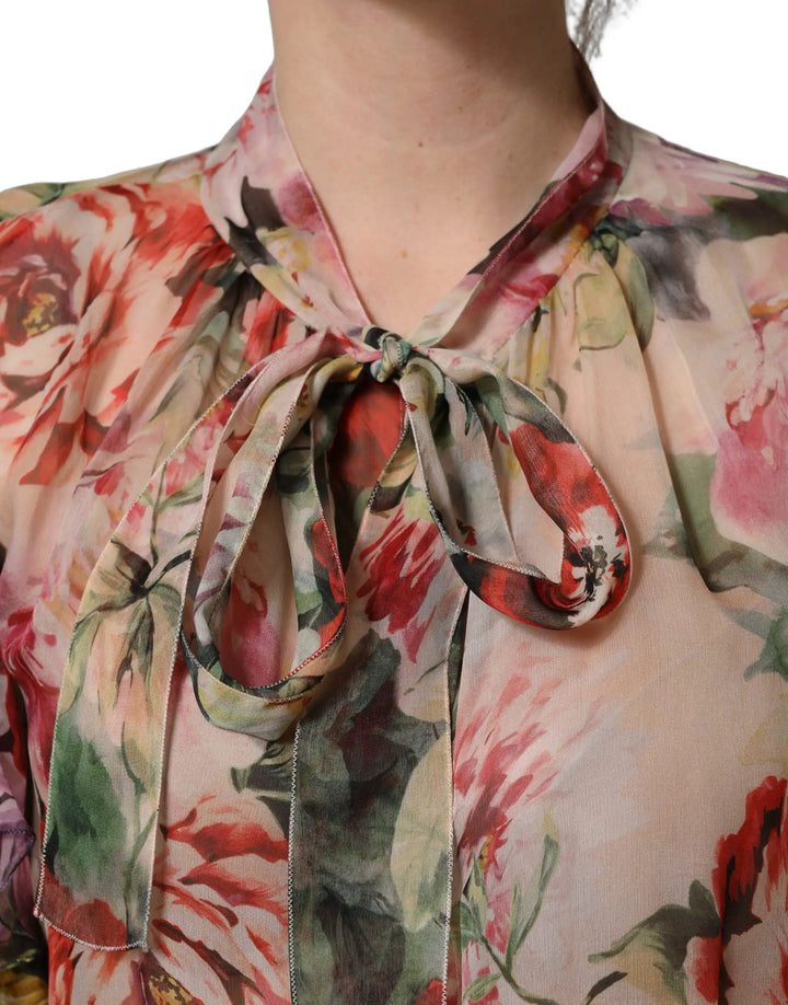 Dolce &amp; Gabbana Sample Sale | Dolce &amp; Gabbana Multicolor Floral Tie-Neck Silk Chiffon Blouse Top - | Designer outlet