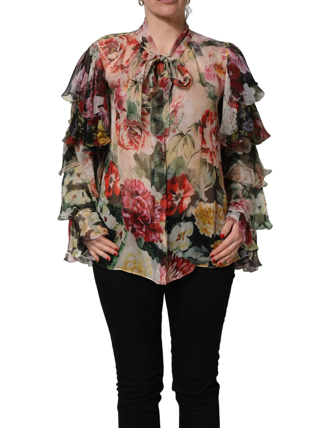 Dolce &amp; Gabbana Sample Sale | Dolce &amp; Gabbana Multicolor Floral Tie-Neck Silk Chiffon Blouse Top - | Designer outlet