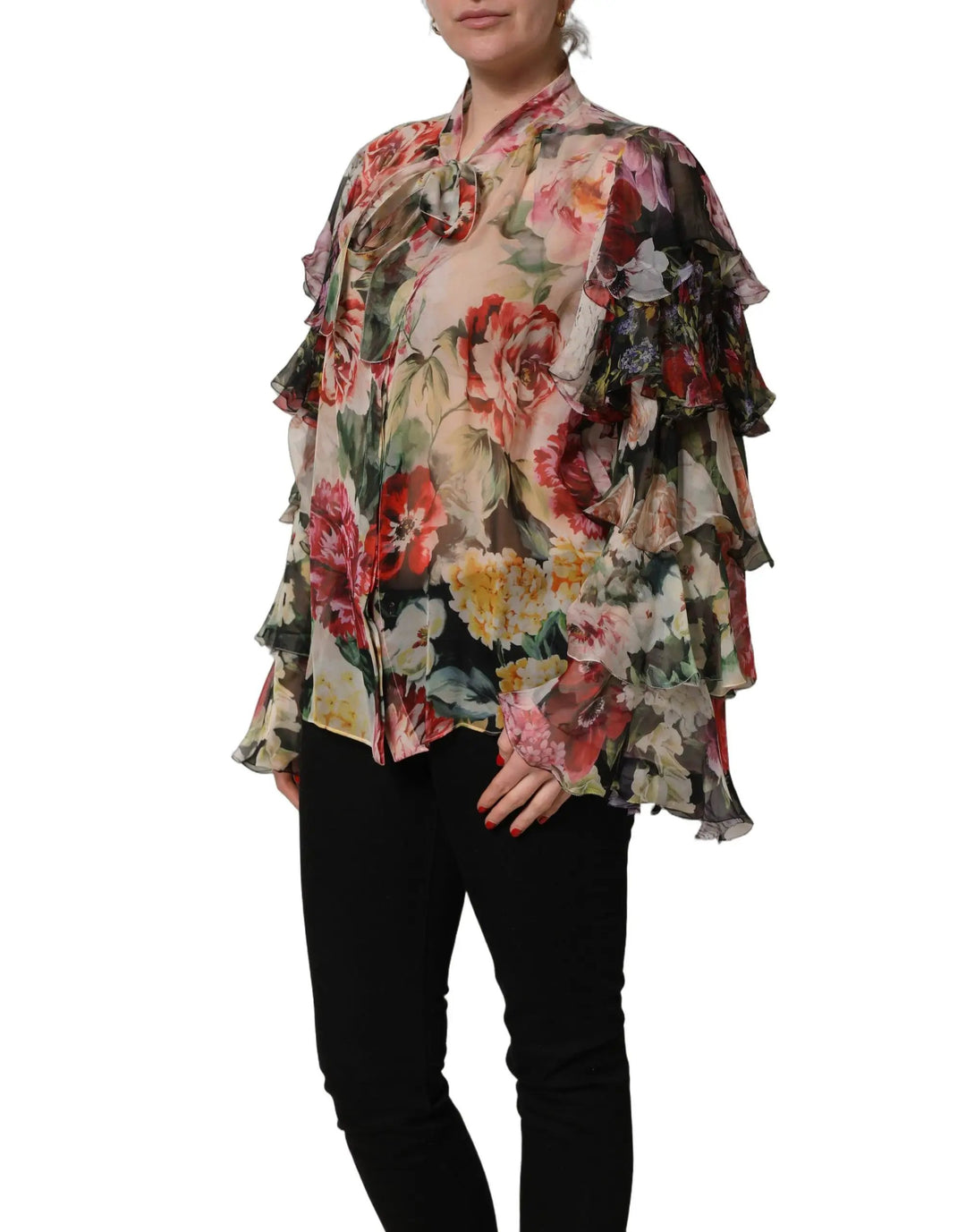 Dolce &amp; Gabbana Sample Sale | Dolce &amp; Gabbana Multicolor Floral Tie-Neck Silk Chiffon Blouse Top - | Designer outlet