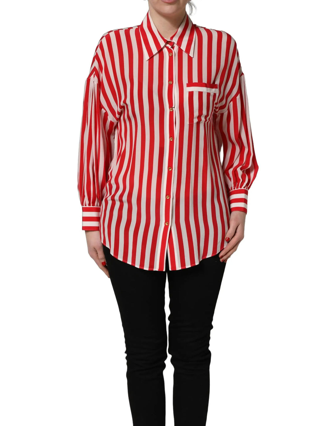 Dolce &amp; Gabbana Sample Sale | Dolce &amp; Gabbana Red White Striped Long Sleeve Silk Blouse Top - | Designer outlet