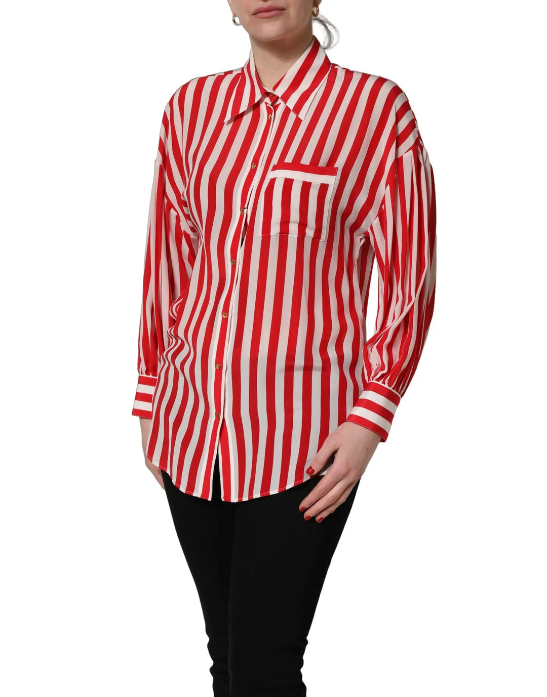 Dolce &amp; Gabbana Sample Sale | Dolce &amp; Gabbana Red White Striped Long Sleeve Silk Blouse Top - | Designer outlet