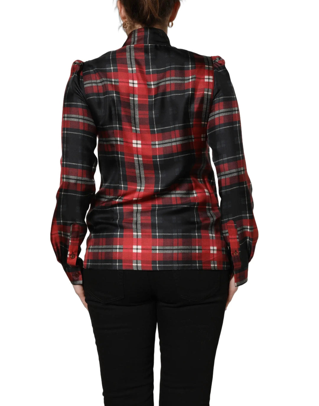 Dolce &amp; Gabbana Sample Sale | Dolce &amp; Gabbana Red Black Plaid Silk Tie-Neck Blouse Top - | Designer outlet