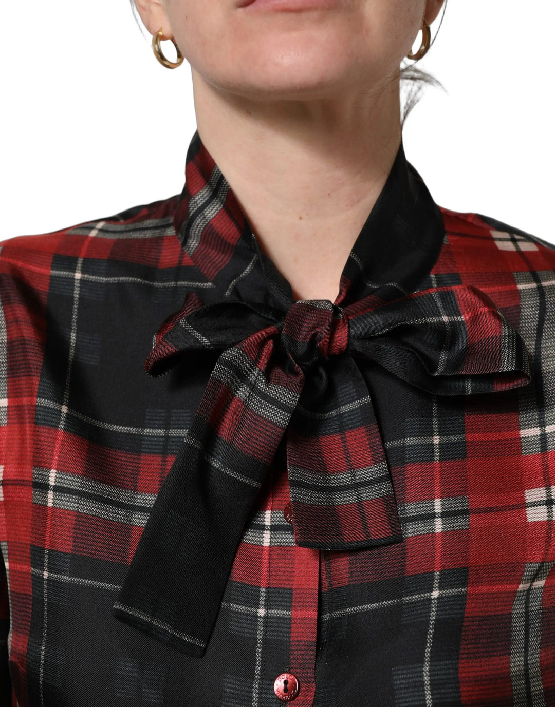 Dolce &amp; Gabbana Sample Sale | Dolce &amp; Gabbana Red Black Plaid Silk Tie-Neck Blouse Top - | Designer outlet