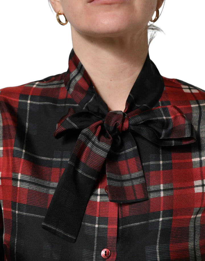 Dolce &amp; Gabbana Sample Sale | Dolce &amp; Gabbana Red Black Plaid Silk Tie-Neck Blouse Top - | Designer outlet