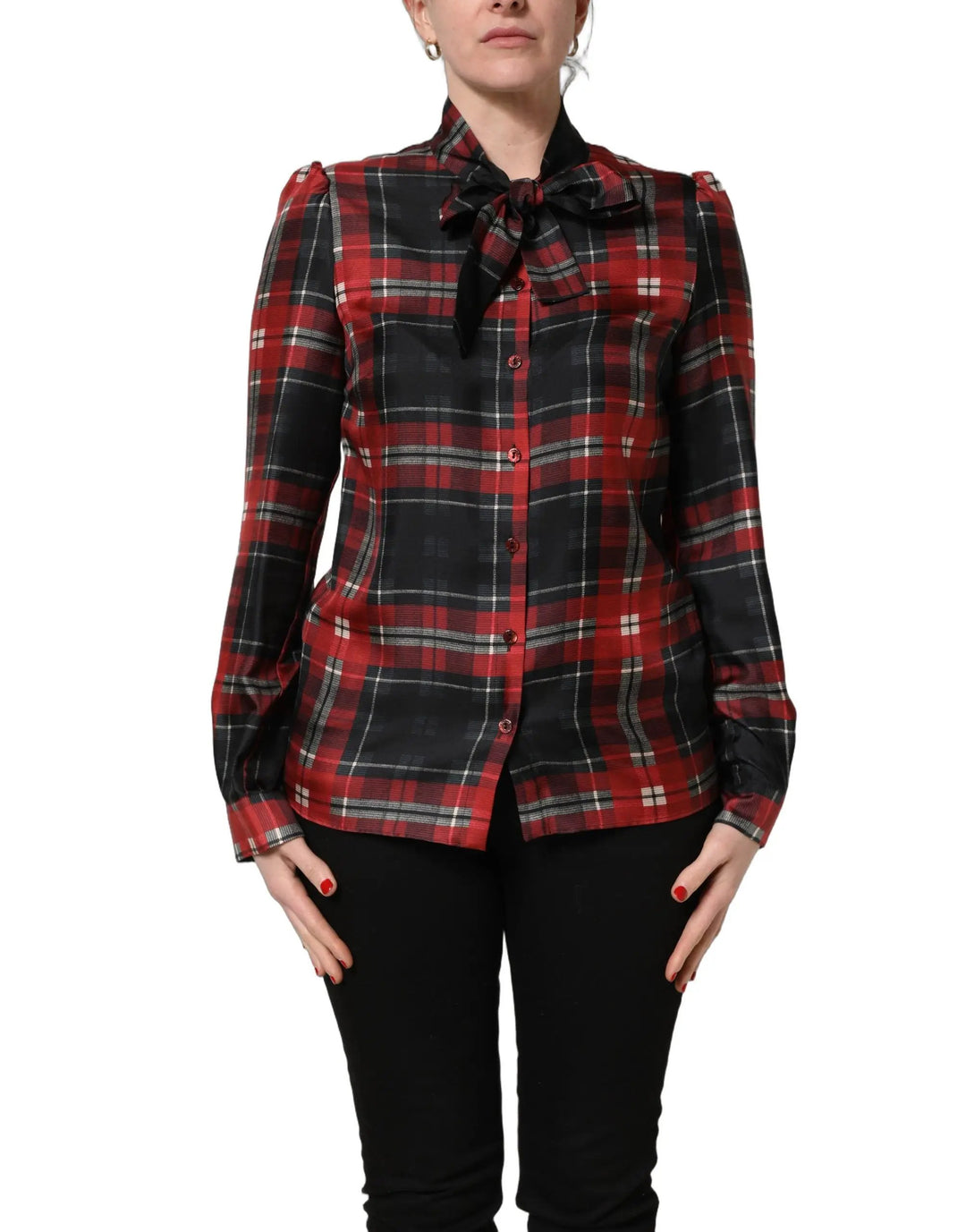 Dolce &amp; Gabbana Sample Sale | Dolce &amp; Gabbana Red Black Plaid Silk Tie-Neck Blouse Top - | Designer outlet