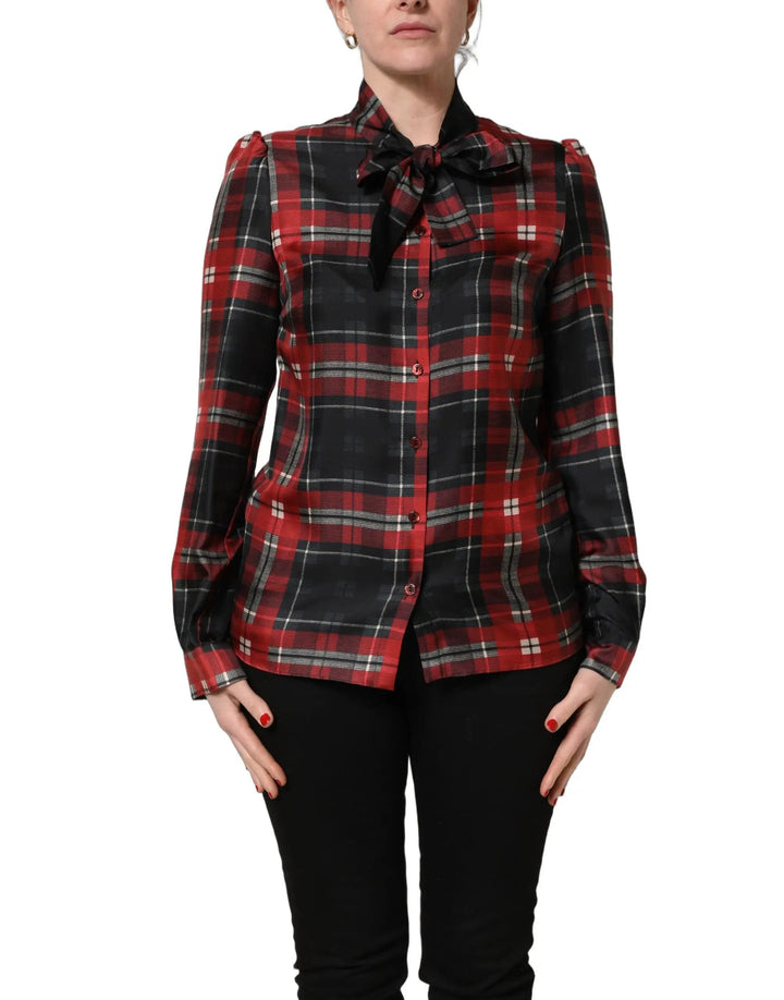 Dolce &amp; Gabbana Sample Sale | Dolce &amp; Gabbana Red Black Plaid Silk Tie-Neck Blouse Top - | Designer outlet