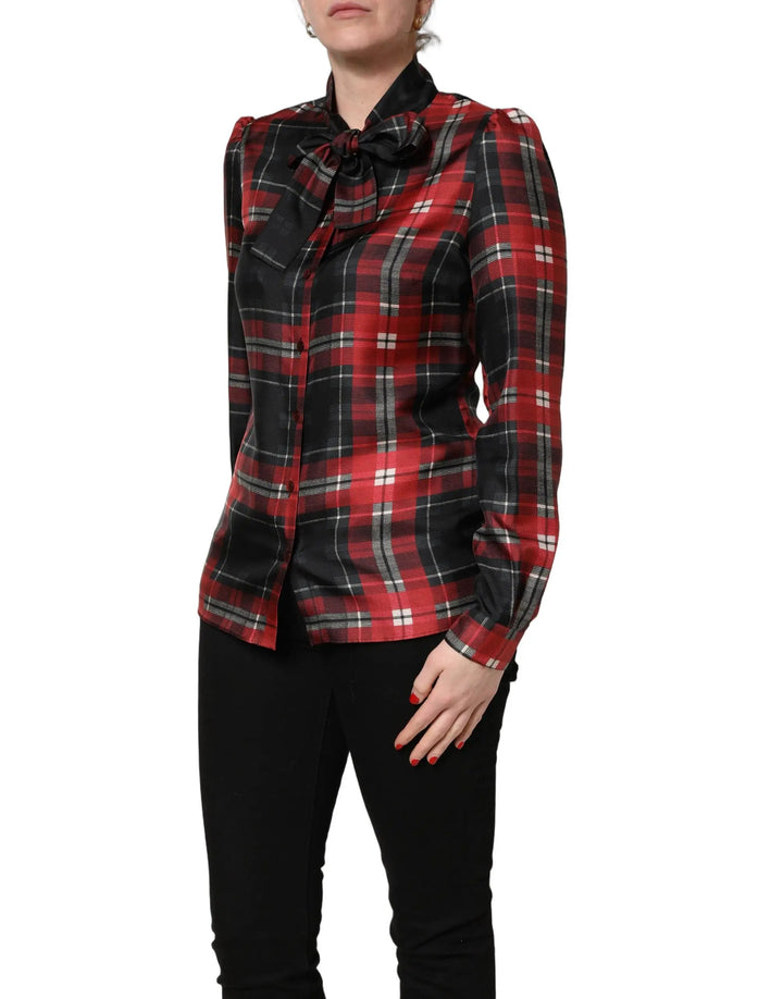 Dolce &amp; Gabbana Sample Sale | Dolce &amp; Gabbana Red Black Plaid Silk Tie-Neck Blouse Top - | Designer outlet