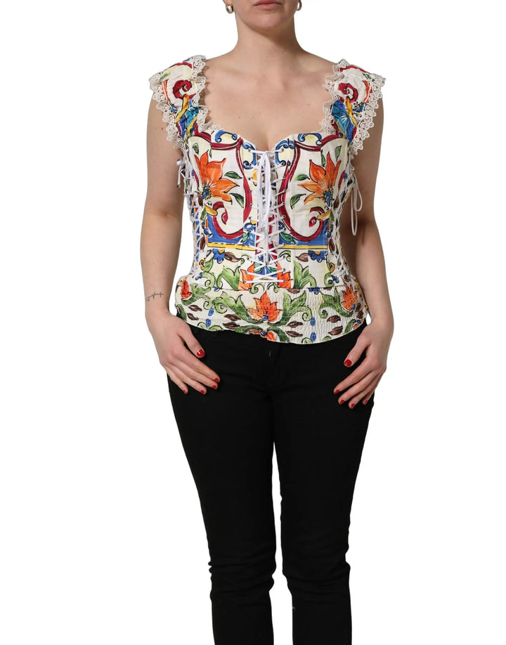 Dolce &amp; Gabbana Sample Sale | Dolce &amp; Gabbana Multicolor Majolica Corset Sleeveless Top - | Designer outlet