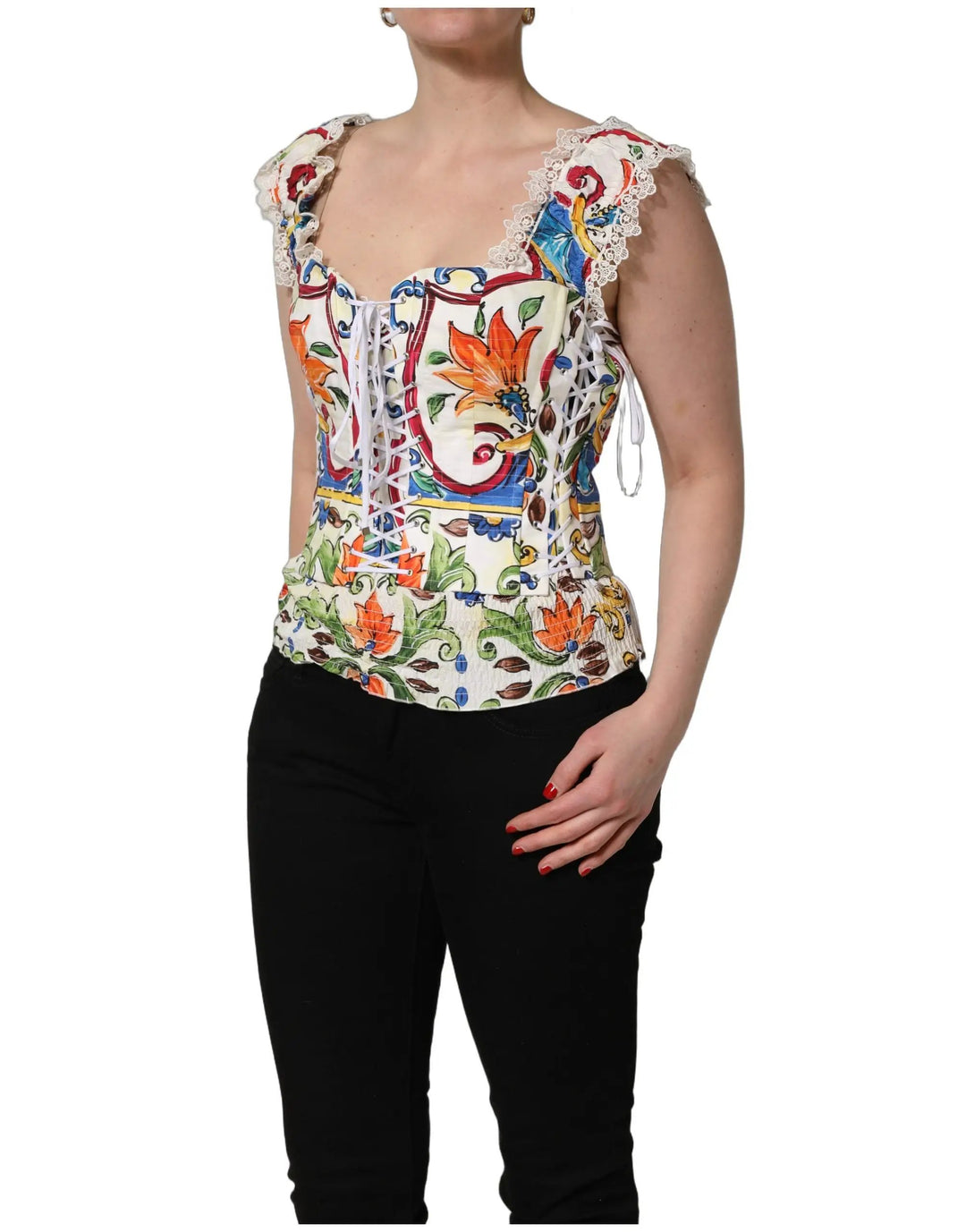 Dolce &amp; Gabbana Sample Sale | Dolce &amp; Gabbana Multicolor Majolica Corset Sleeveless Top - | Designer outlet