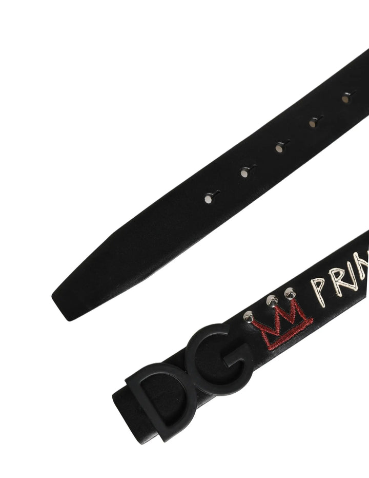 Dolce &amp; Gabbana Black Leather Prince Crown Logo Buckle Belt