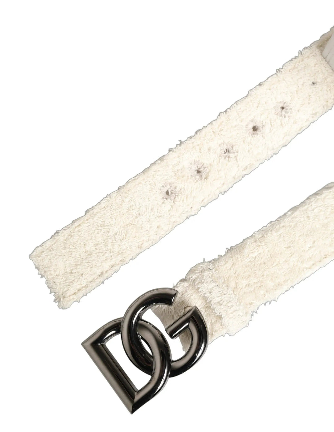 Dolce &amp; Gabbana White Cotton Fleece DG Logo Metal Buckle Belt