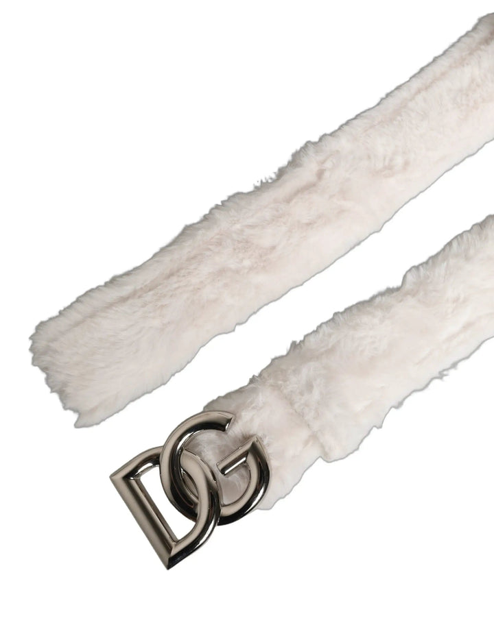 Dolce &amp; Gabbana White Fleece Silver DG Logo Metal Buckle Belt