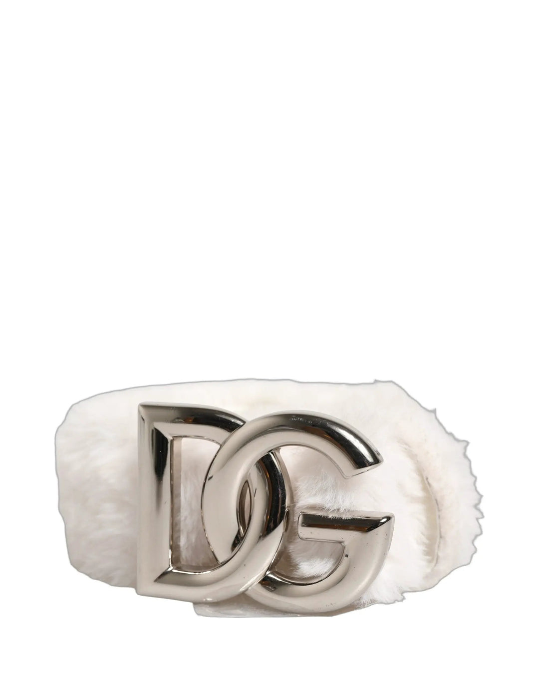 Dolce &amp; Gabbana White Fleece Silver DG Logo Metal Buckle Belt