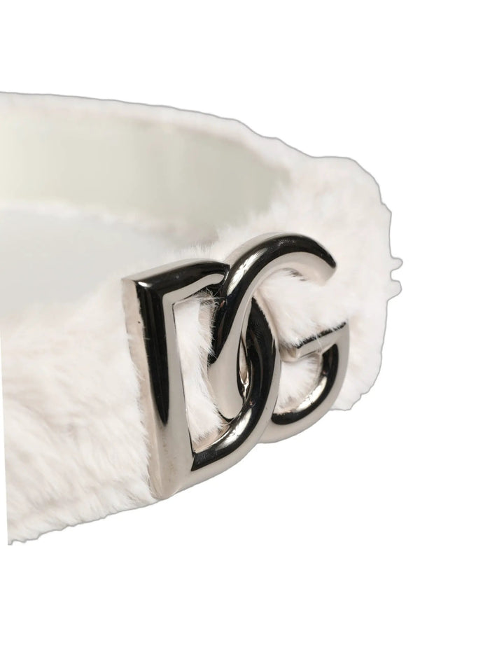 Dolce &amp; Gabbana White Fleece Silver DG Logo Metal Buckle Belt