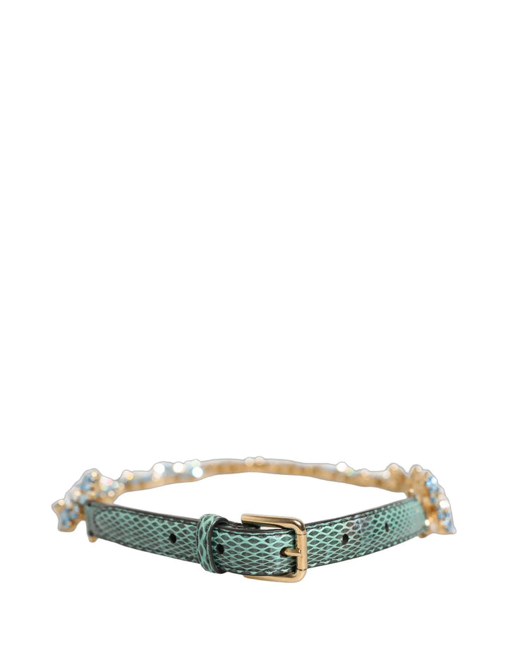 Dolce &amp; Gabbana Green Leather Daisy Crystal Embellished Waist Belt