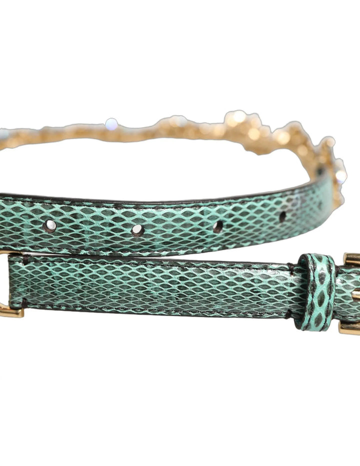 Dolce &amp; Gabbana Green Leather Daisy Crystal Embellished Waist Belt