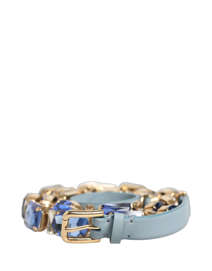 Dolce &amp; Gabbana Blue Leather Crystal Chain Embellished Belt