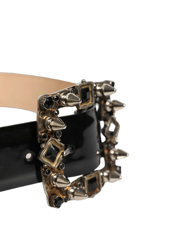 Dolce &amp; Gabbana Black Leather Crystal Metal Buckle Belt
