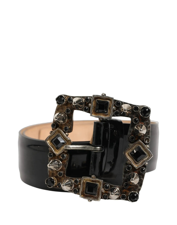 Dolce &amp; Gabbana Black Leather Crystal Metal Buckle Belt