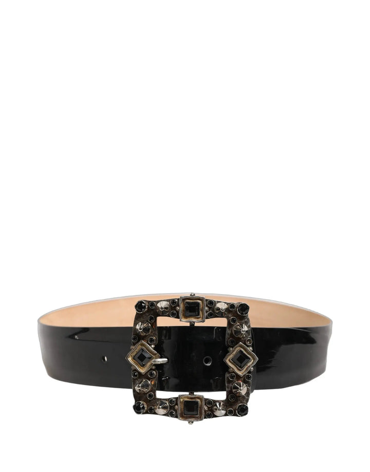 Dolce &amp; Gabbana Black Leather Crystal Metal Buckle Belt