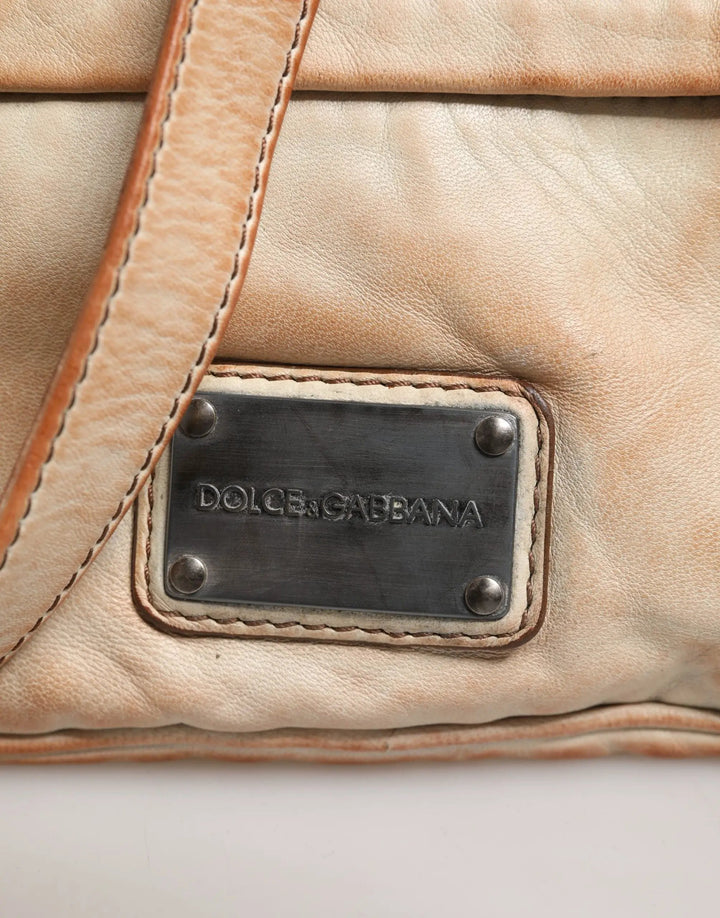 Dolce &amp; Gabbana Beige Vintage Leather Logo Plaque Shoulder Borse Men Bag