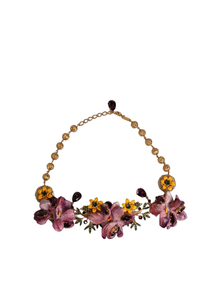 Dolce &amp; Gabbana Gold Brass Mix Fiori Flowers Crystal Chain Necklace