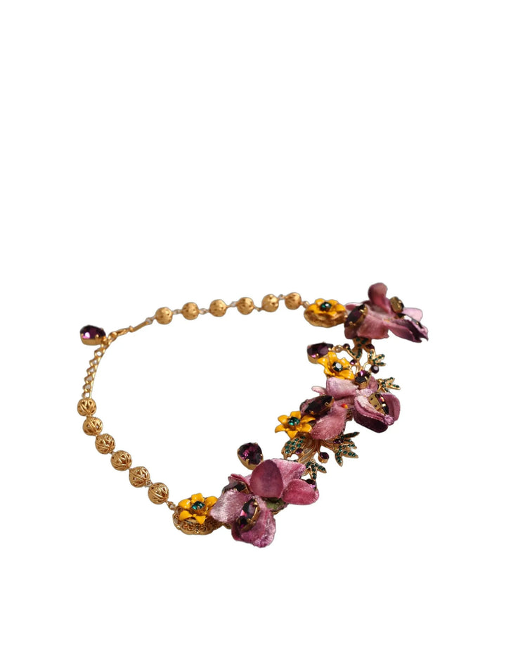 Dolce &amp; Gabbana Gold Brass Mix Fiori Flowers Crystal Chain Necklace