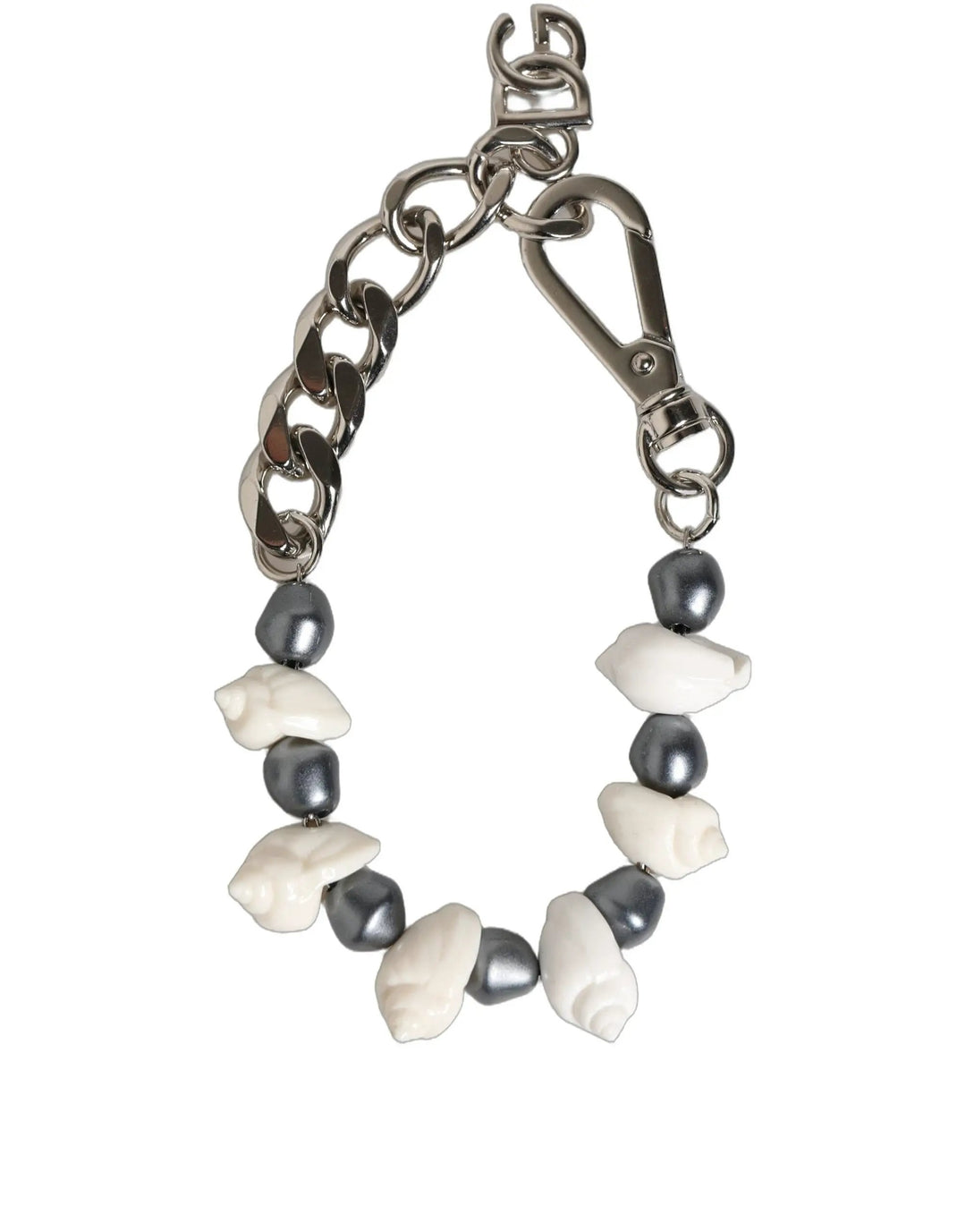 Dolce &amp; Gabbana Silver Tone Brass Beaded Shell DG Logo Pendant Bracelet