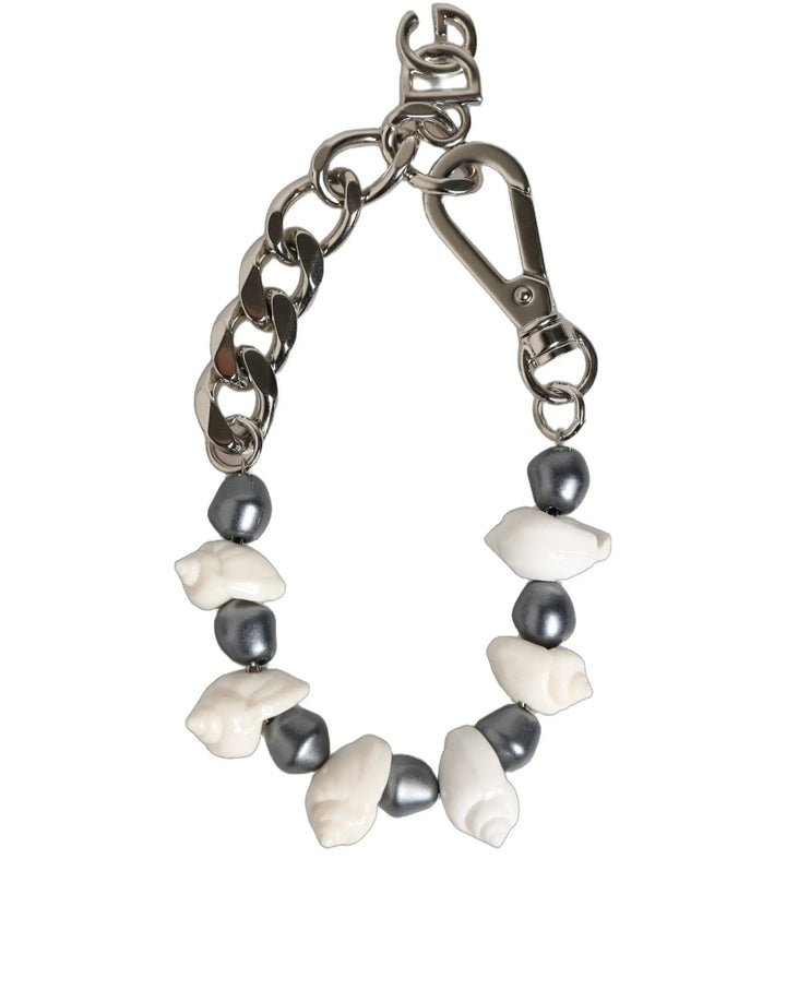 Dolce &amp; Gabbana Silver Tone Brass Beaded Shell DG Logo Pendant Bracelet