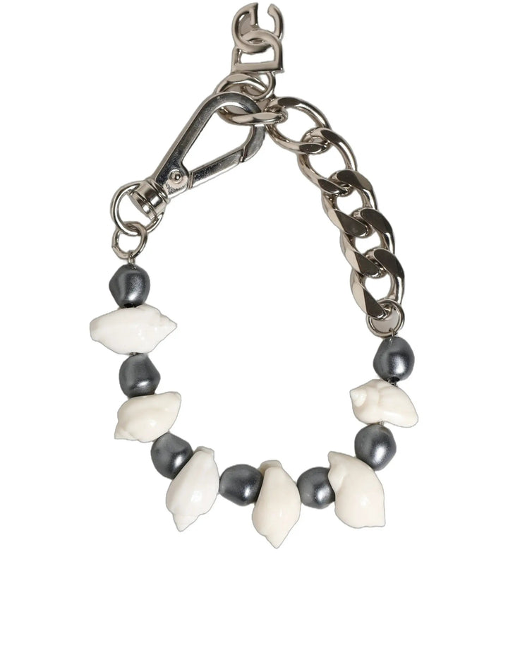Dolce &amp; Gabbana Silver Tone Brass Beaded Shell DG Logo Pendant Bracelet