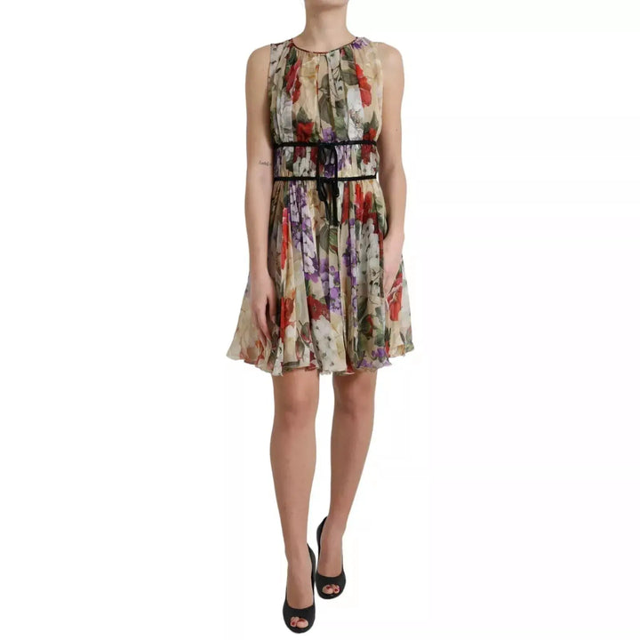 Dolce &amp; Gabbana Beige Floral Sleeveless A-line Mini Dress