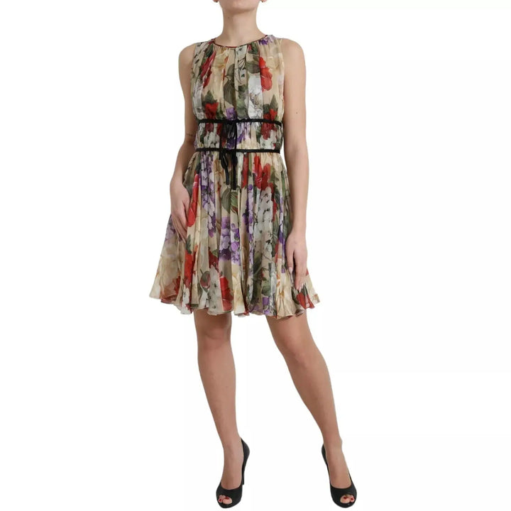 Dolce &amp; Gabbana Beige Floral Sleeveless A-line Mini Dress