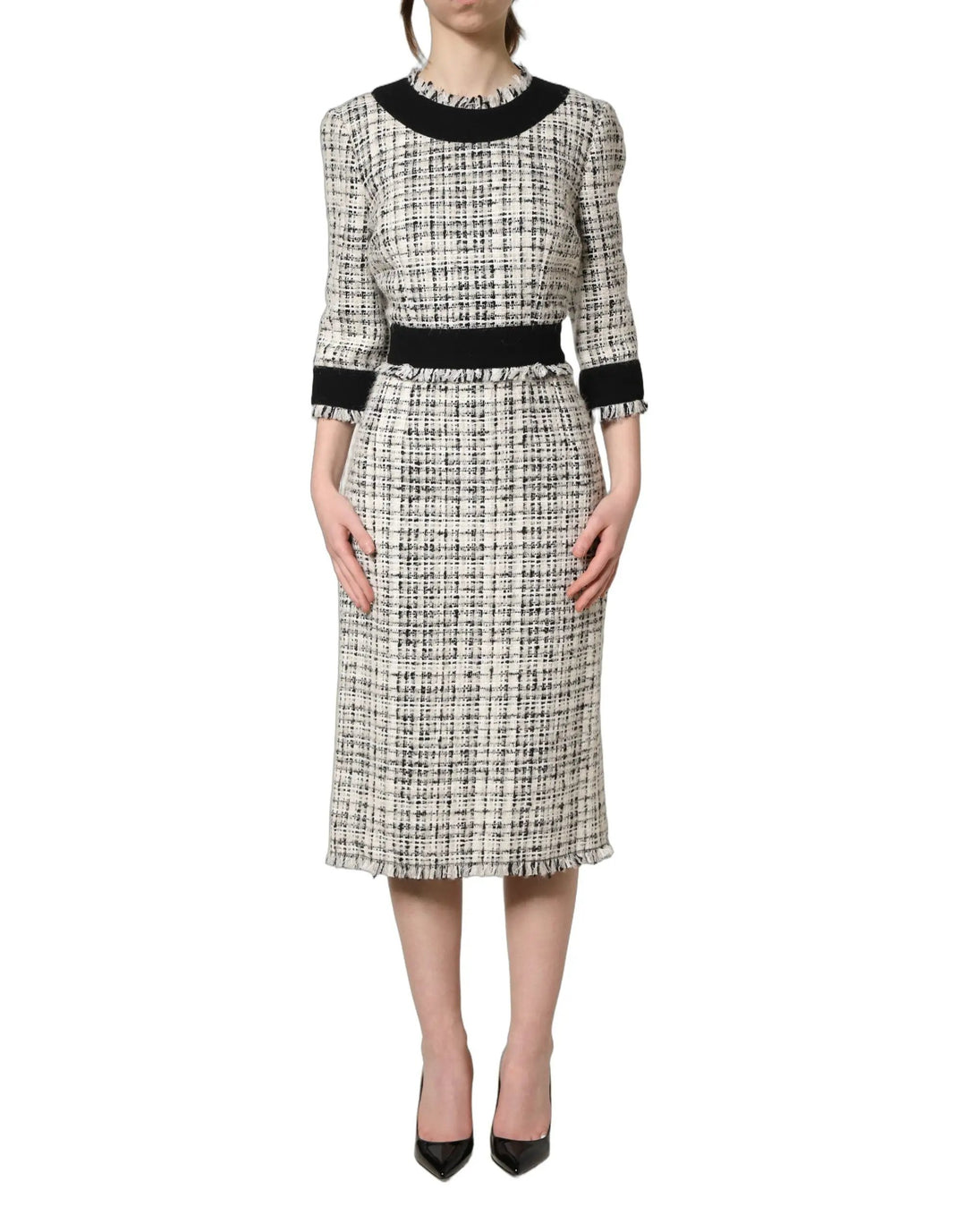 Dolce & Gabbana Sample Sale | Dolce & Gabbana Black White Tweed Sheath A-line Midi Dress - | Designer outlet