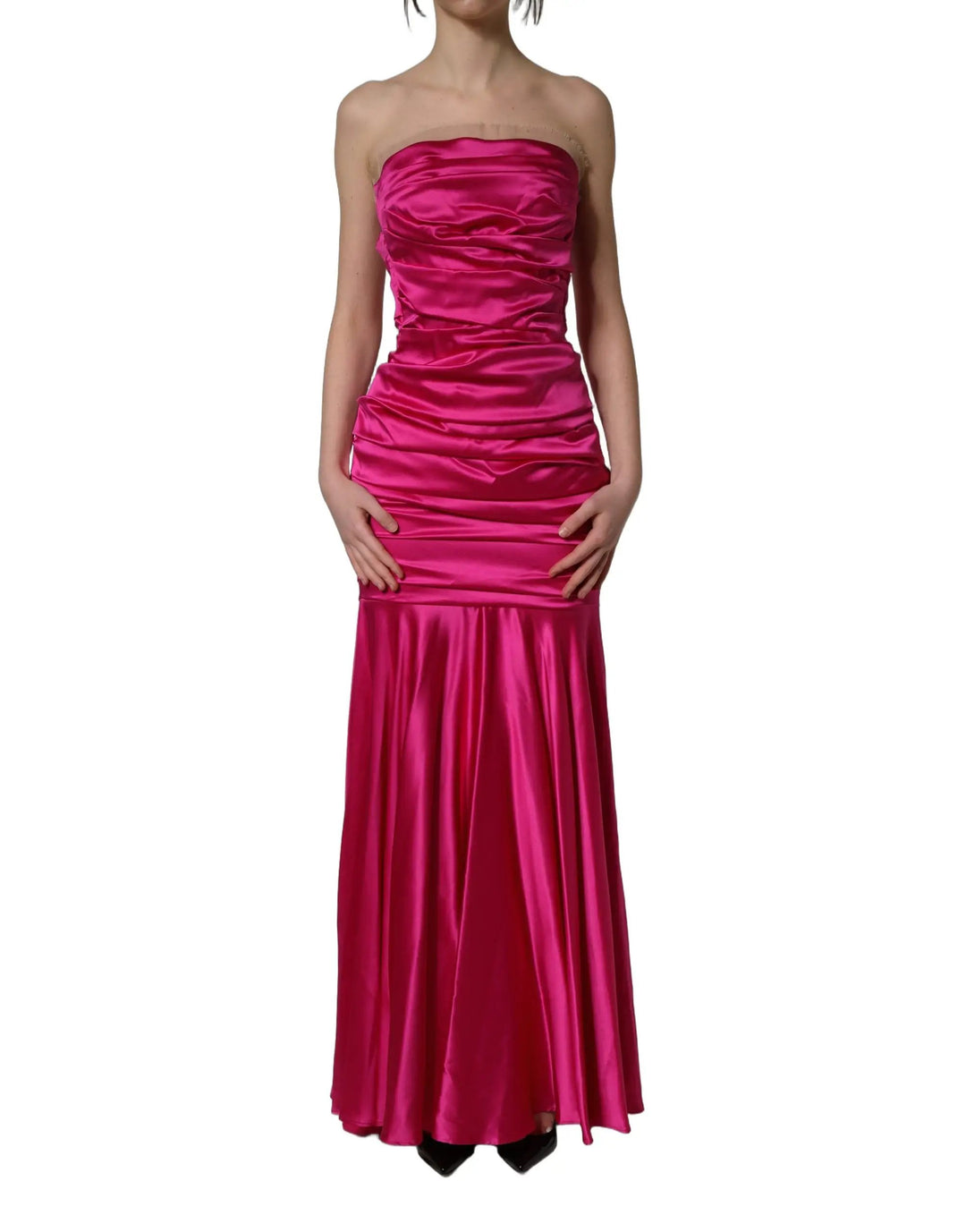Dolce & Gabbana Sample Sale | Dolce & Gabbana Hot Pink Ruched Satin Strapless Gown Dress - | Designer outlet